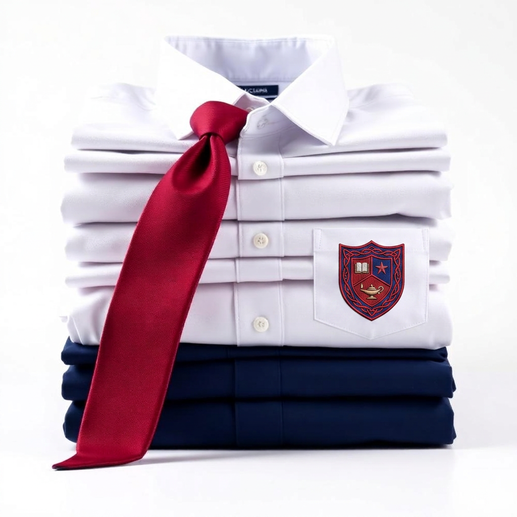 Folded school uniform shirts in white and navy with a tie